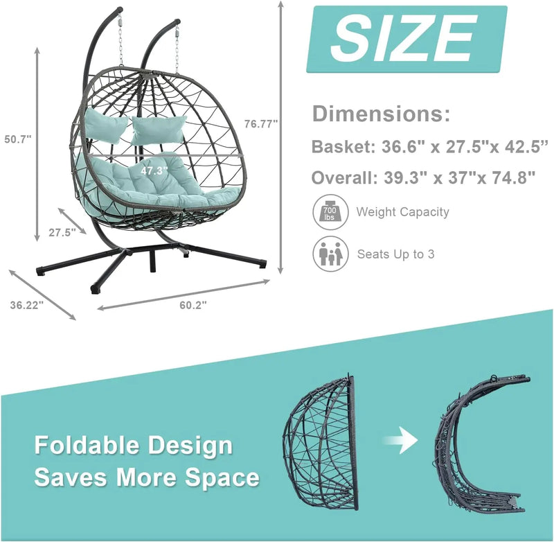 2 Person Double Egg Swing Chair with Stand Indoor Outdoor, Hammock Swing Chair Foldable Hanging Chair, Patio Wicker