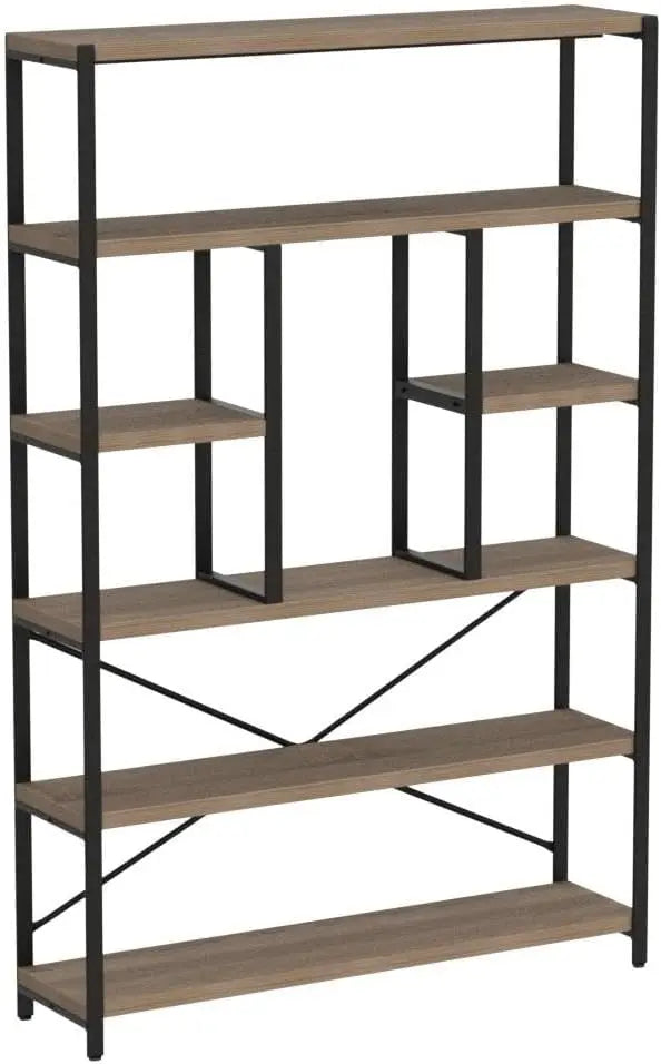 Lvb Tall Industrial Etagere Bookcase, Modern Wood Large Open 6 Tier Bookshelf, Vintage Wide Metal Book Shelf Organizer,