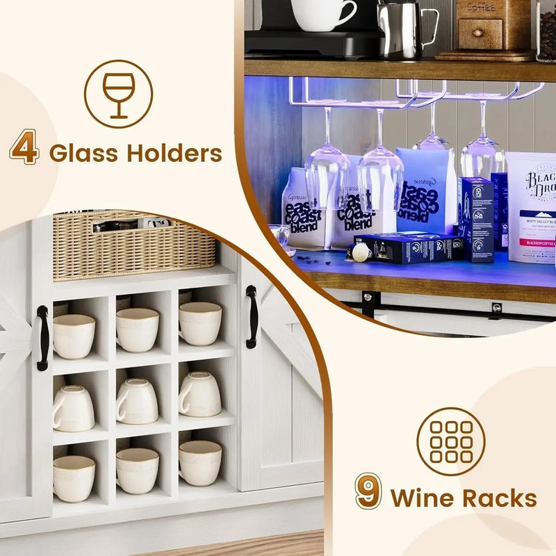 Bar Cabinet, 47” Buffet Sideboard with 4 Glass Hooks & 9 Wine Racks, Coffee Bar Cabinet with Sliding Barn Door Bar Cabinet