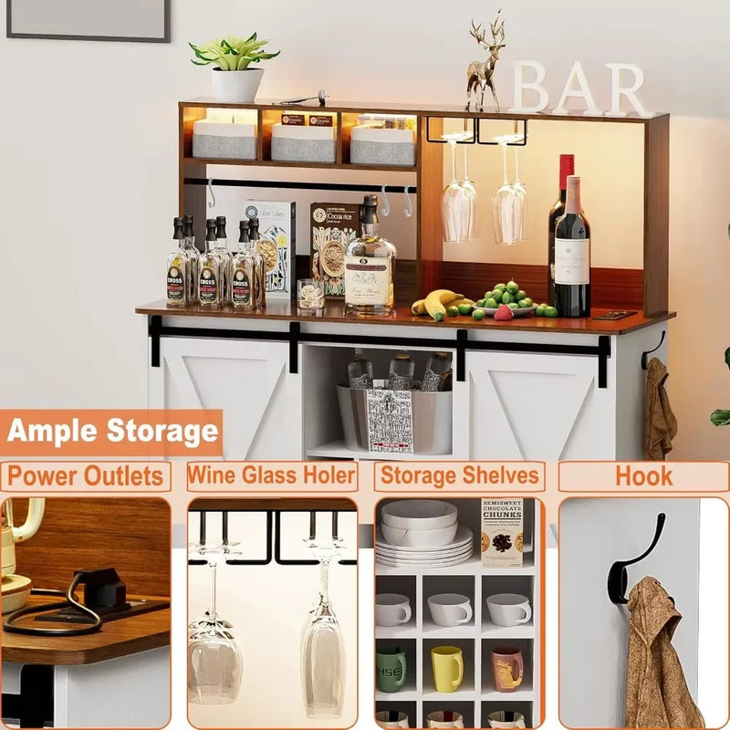 Coffee Bar Cabinet with Adjustable 20-Color LED Lights and 6.5FT Outlet, Kitchen Buffet Storage Cabinet, 47'' Sideboard