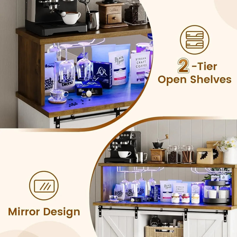 Bar Cabinet, 47” Buffet Sideboard with 4 Glass Hooks & 9 Wine Racks, Coffee Bar Cabinet with Sliding Barn Door Bar Cabinet