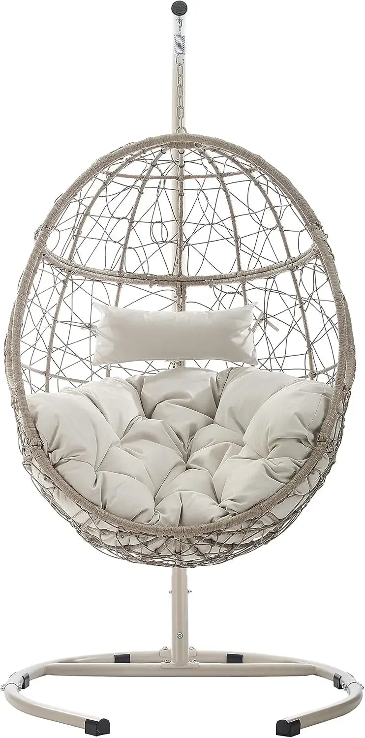 Furniture Indoor Outdoor Hanging Egg Chair with Stand for Patio, Porch, Deck, Light Brown with Sand Cushions