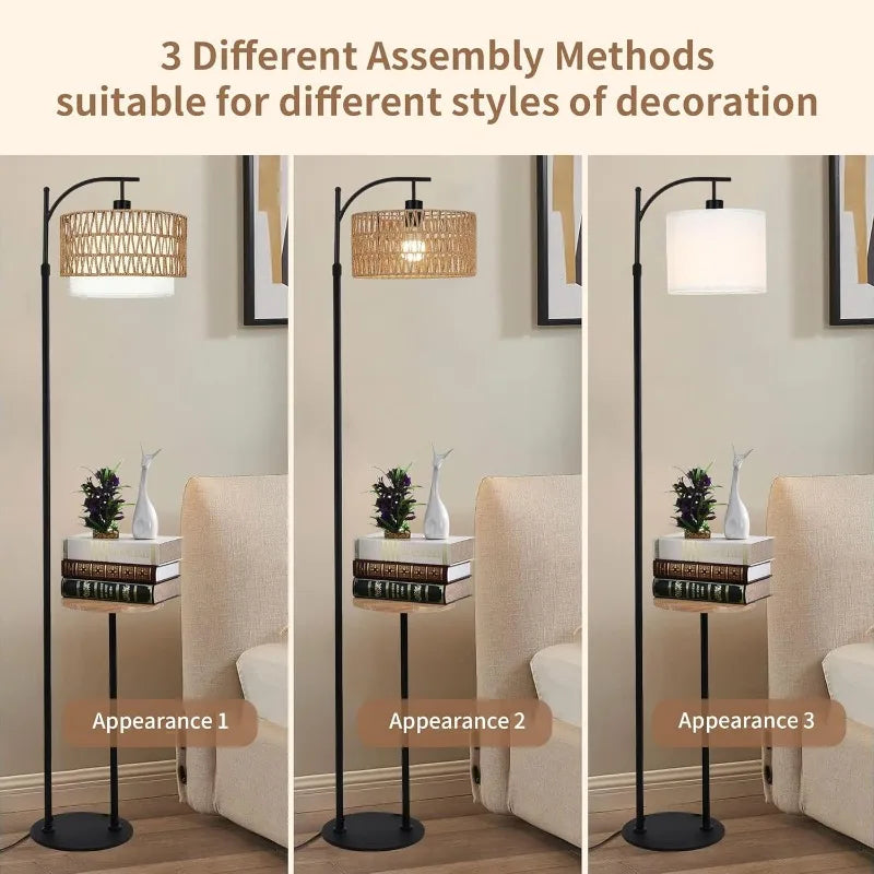 Arc Floor Lamp for Living Room Rattan Boho Floor Lamp with Remote Control,Dimmable LED Floor Lamp Wicker Shades