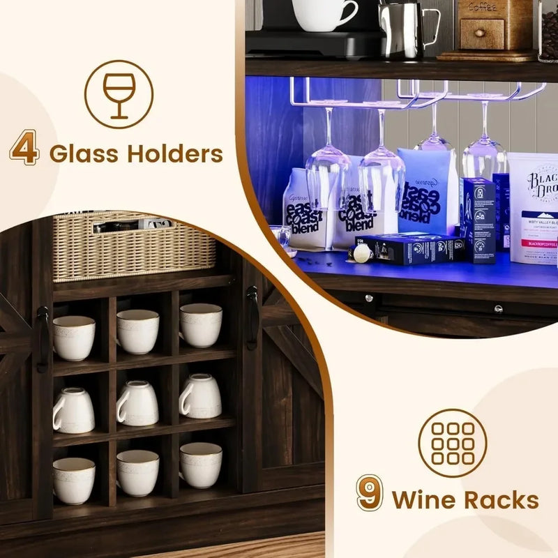 Bar Cabinet, 47” Buffet Sideboard with 4 Glass Hooks & 9 Wine Racks, Coffee Bar Cabinet with Sliding Barn Door Bar Cabinet