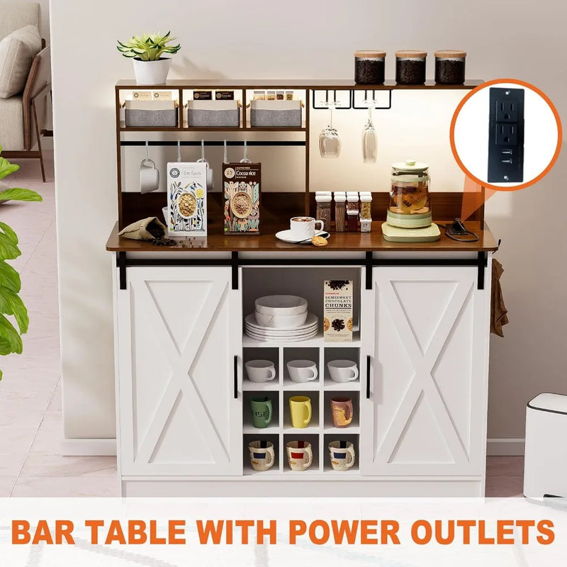Coffee Bar Cabinet with Adjustable 20-Color LED Lights and 6.5FT Outlet, Kitchen Buffet Storage Cabinet, 47'' Sideboard Buffet