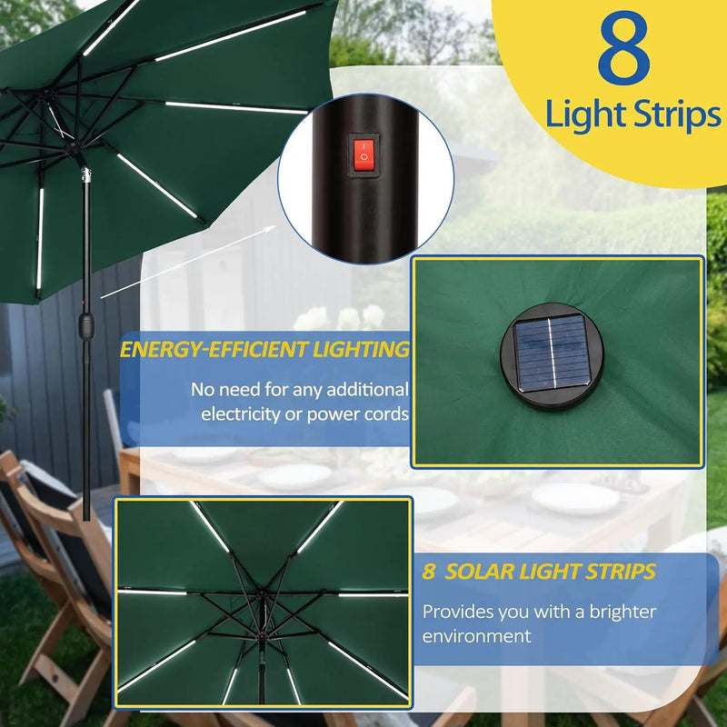 9FT Outdoor Solar LED Lighted Patio Umbrella with 8 LED Strip Lights & 8 Ribs, Convenient Crank Lift System
