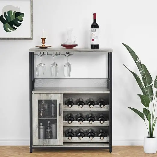 Wine Bar Rack Cabinet with Detachable Wine Rack, Bar Cabinet with Glass Holder, Small Sideboard and Buffet Cabinet with Mesh Doo