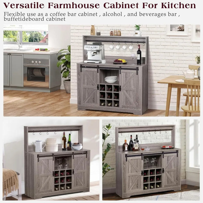 Coffee Bar Cabinet, 47" Farmhouse Kitchen Wine Bar with 6 Hooks, Sliding Barn Door and Adjustable Shelves, Liquor Bar Cabinet w