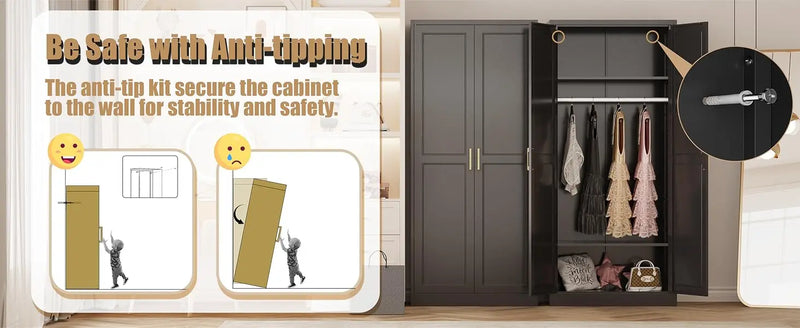 71" Tall Metal Storage Cabinet, Armoire Wardrobe Closet with Hanging Rod