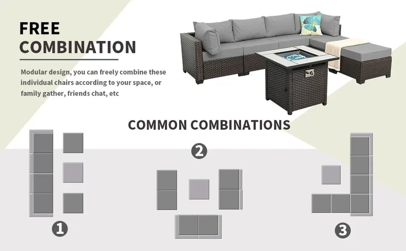 Outdoor Patio Furniture Set 7 Pieces Sectional Sofa with Fire Pit Table, Non-Slip 5" Thick Grey Cushion and Furniture Cover
