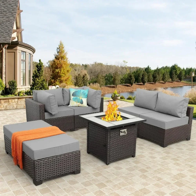 Outdoor Patio Furniture Set 7 Pieces Sectional Sofa with Fire Pit Table, Non-Slip 5" Thick Grey Cushion and Furniture Cover