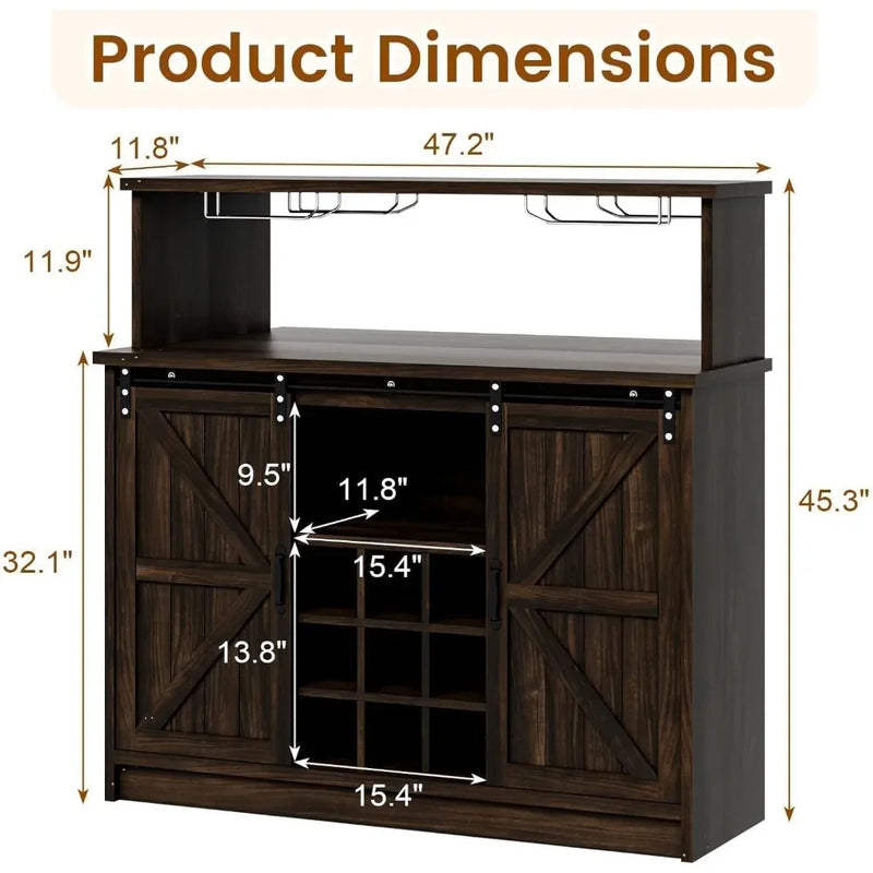 Bar Cabinet, 47” Buffet Sideboard with 4 Glass Hooks & 9 Wine Racks, Coffee Bar Cabinet with Sliding Barn Door Bar Cabinet