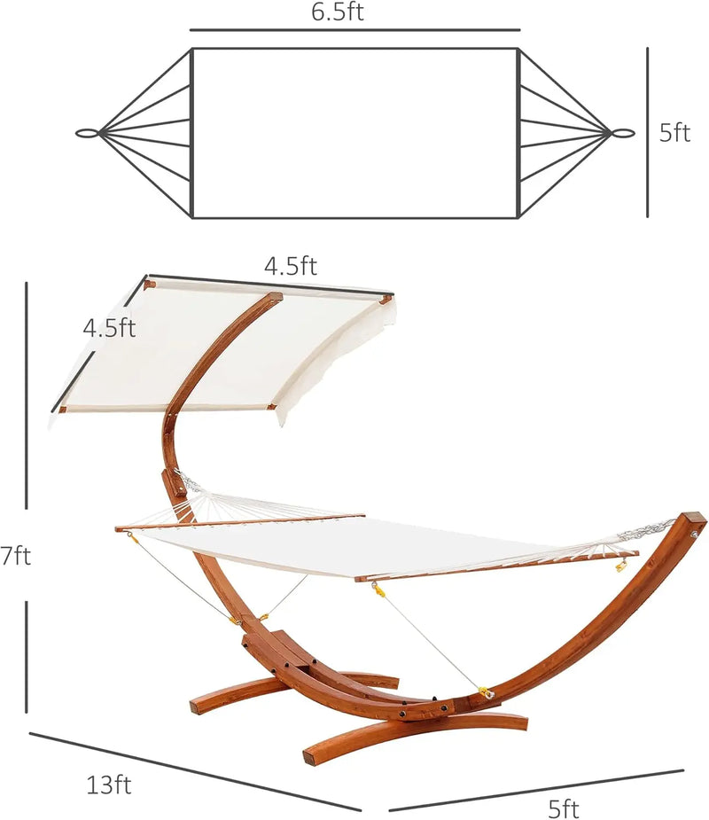 13FT Wooden Arc Hammock with Canopy, Outdoor Hammock Bed with Wood Arc Stand for Patio Balcony Garden Backyard, White