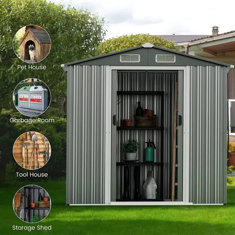 Outdoor Storage Shed, Weather-Resistant Galvanized Metal Tool House w/ 4 Air Vents, Lockable Sliding Doors, Ramp,