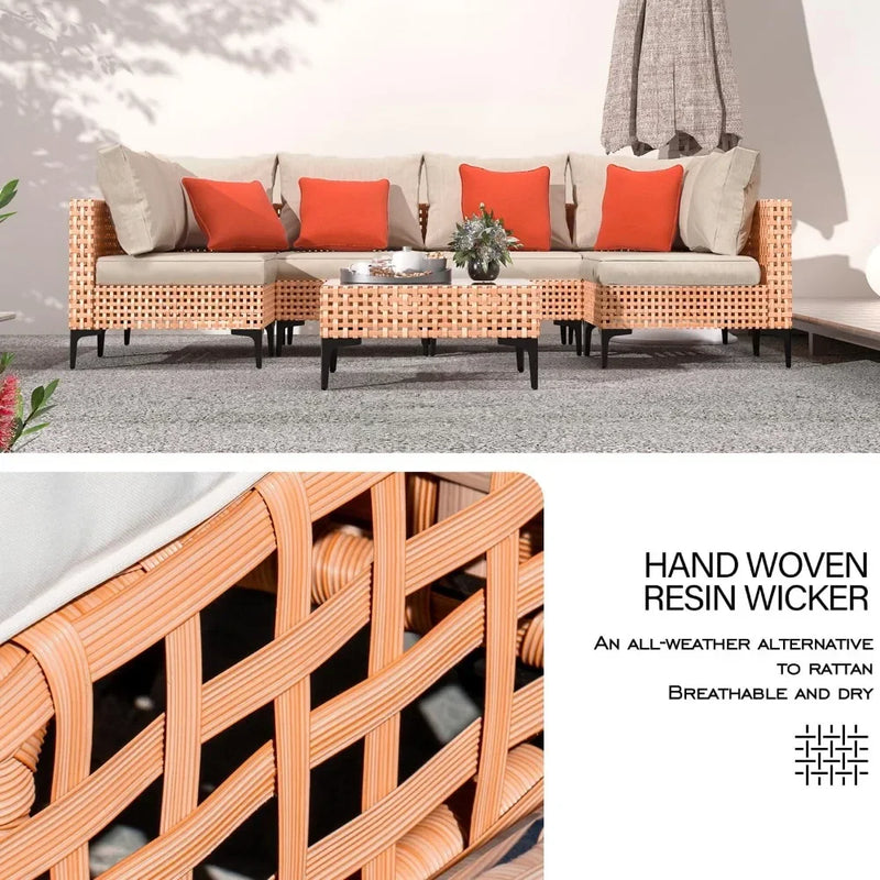 5 Piece Outdoor Patio Furniture Set Modular Outdoor Furniture Set Wicker Outdoor Sectional Sofa with Cushions and Table Patio