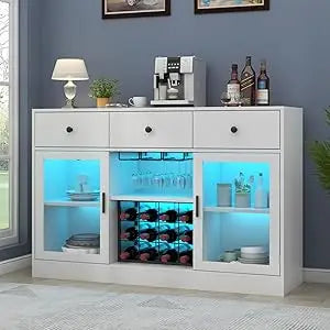 Wine Bar Cabinet with LED Light, Home Coffee Cabinet with Wine and Glass Rack, Kitchen Buffet Sideboard with Storage Drawers & A