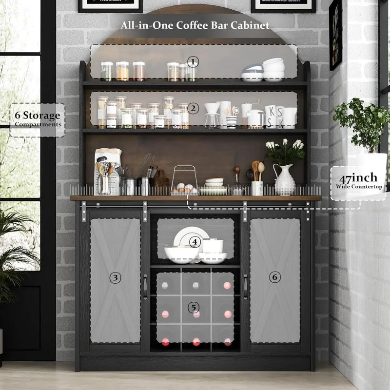Farmhosue Coffee Bar Cabinet with Open Shelf, 67" Black Coffee Bar with Hutch & Wine Rack, Arched Cabinet with Storage