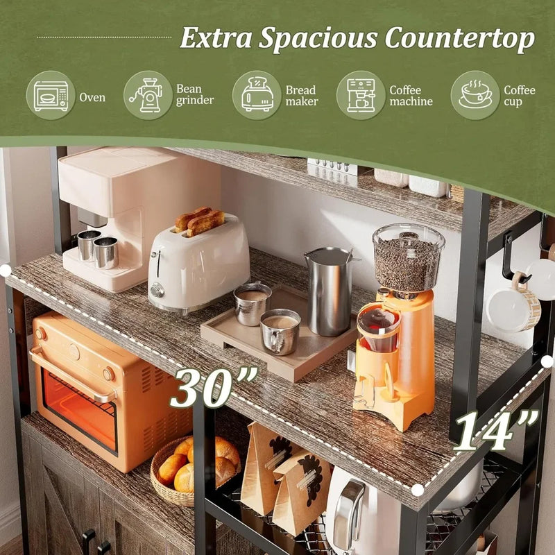 Bakers Rack with Power Outlet, 6-Tier Microwave Stand with Storage Cabinet, Farmhouse Kitchen Coffee Bar with Side Hooks