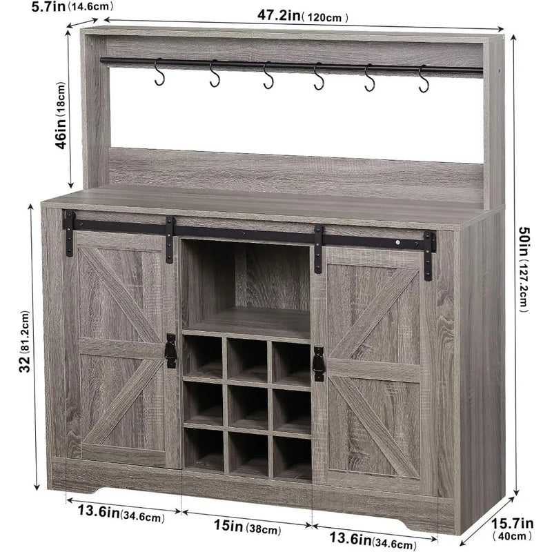 Coffee Bar Cabinet, 47" Farmhouse Kitchen Wine Bar with 6 Hooks, Sliding Barn Door and Adjustable Shelves, Liquor Bar Cabinet w