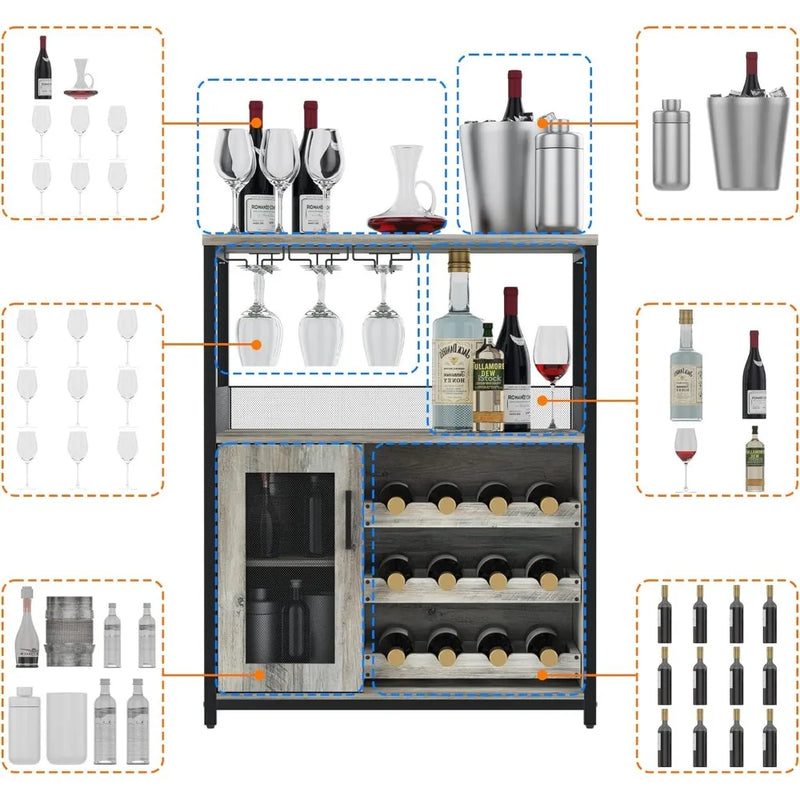 Wine Bar Rack Cabinet with Detachable Wine Rack, Bar Cabinet with Glass Holder, Small Sideboard and Buffet Cabinet with Mesh Doo