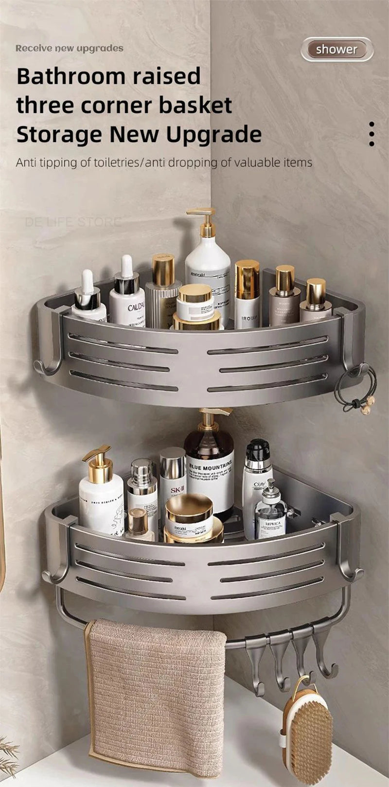 1-2PCS Bathroom Corner Shelf with Plastic Hook Towel Bar No Drill Space Aluminum Shower Storage Rack Bathroom Organizer