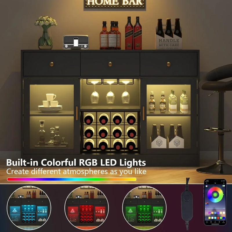 Wine Bar Cabinet with LED Light, Home Coffee Cabinet with Wine and Glass Rack, Kitchen Buffet Sideboard with Storage Drawers & A