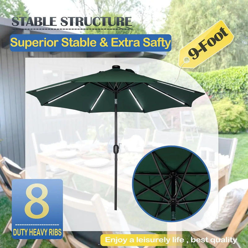 9FT Outdoor Solar LED Lighted Patio Umbrella with 8 LED Strip Lights & 8 Ribs, Convenient Crank Lift System