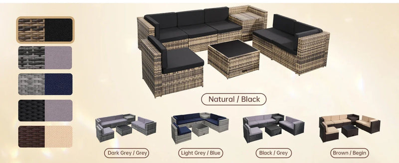 8 Pieces Outdoor Wicker Rattan Patio Furniture Set, Glass Top Table with Hidden Storage, 7 Sofa Sections, Oversized Cushions