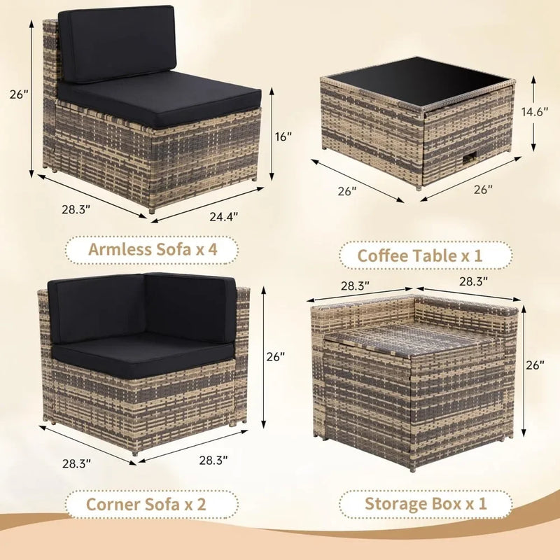 8 Pieces Outdoor Wicker Rattan Patio Furniture Set, Glass Top Table with Hidden Storage, 7 Sofa Sections, Oversized Cushions