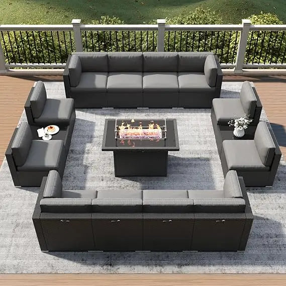 15 Piece Patio Furniture Set with Fire Pit Table, Outdoor Conversation Sets Wicker Rattan Sectional Sofa with Coffee Table