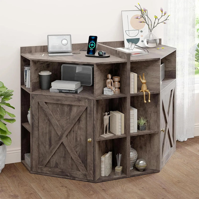 Corner Storage Shelf with USB Ports and Outlets Industrial Organizer for Small Space Wooden 6-Cubby Bookshelf for Study Playroom