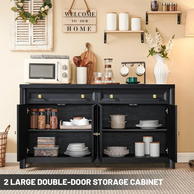 Farmhouse Buffet Cabinet with Drawers, Large Sideboard Buffet Credenza Storage Cabinet with Shelves & 4 Doors, Wood Rustic