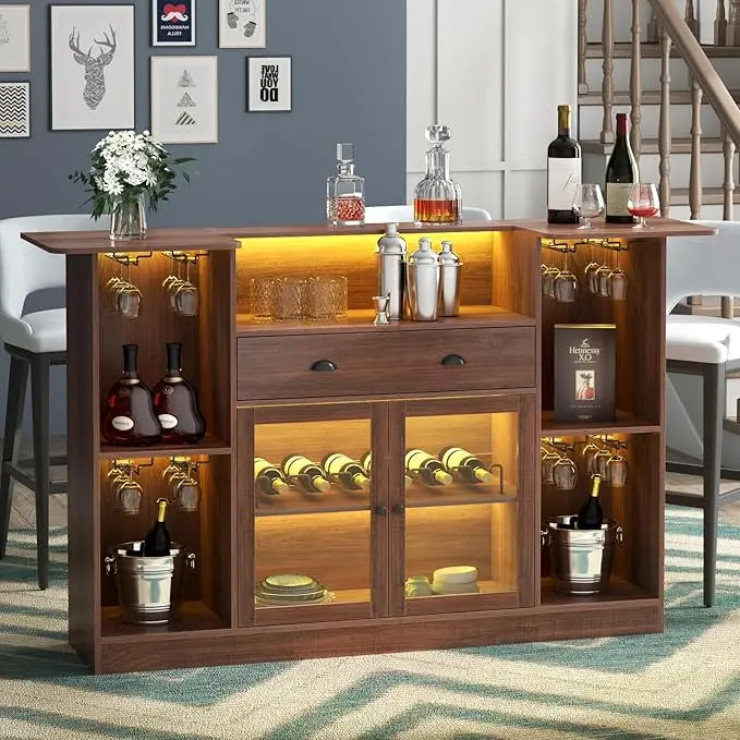 Loomie Bar Table Cabinet with LED & Drawer, Mini Liquor Bar with 8-Tier Storage & Stemware Holder, Wine Alcohol Bar Stand