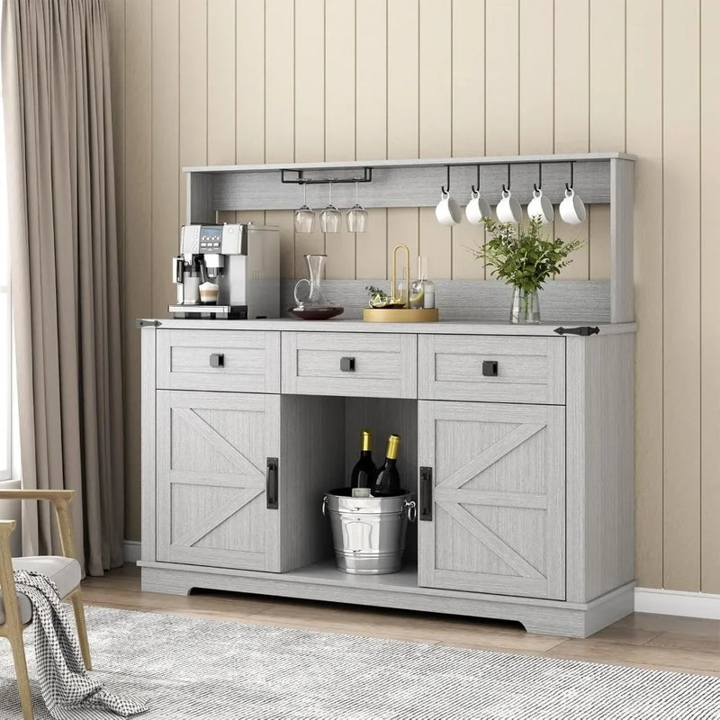 Farmhouse Bar Cabinet with Hutch, Kitchen Buffet Cabinet with Storage Cabinet & 3 Sliding Drawers, Adjustable Shelf