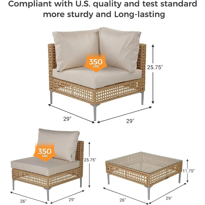 4-Piece Wicker Patio Furniture Set, Boho Outdoor Sectional Sofa with Water Resistant Thick Cushions, Beige Garden Furniture Sets