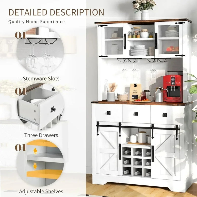 Farmhouse Coffee Bar Cabinet with Storage, Tall Bar Cabinet with 3 Drawers, Wine Bar Cabinet with Sliding Barn Doors