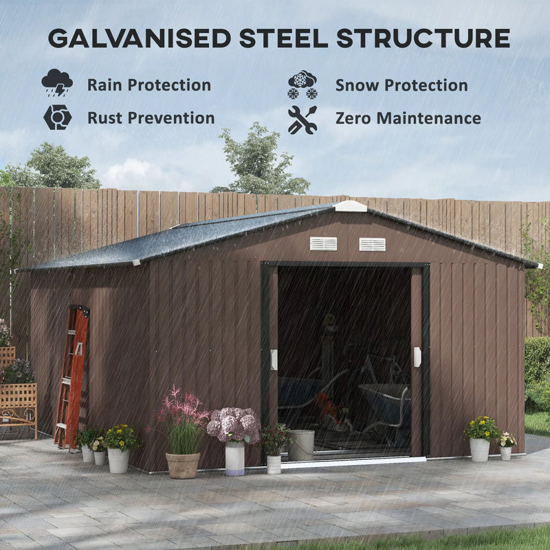13' X 11' Steel Outdoor Utility Storage Tool Shed for Backyard Garden, Brown