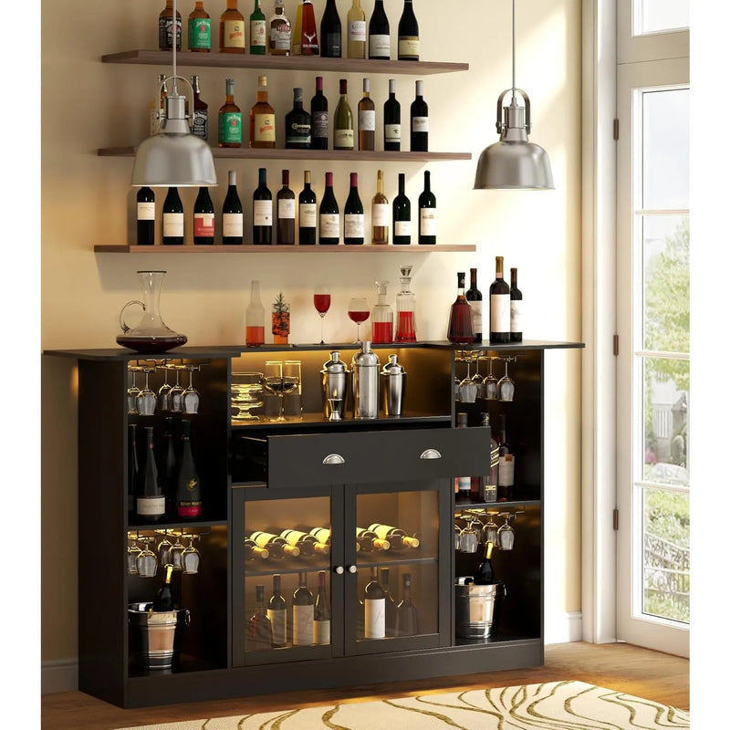 Loomie Bar Table Cabinet with LED & Drawer, Mini Liquor Bar with 8-Tier Storage & Stemware Holder, Wine Alcohol Bar Stand