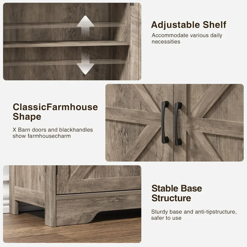 71"H Farmhouse Tall Storage Cabinet, Kitchen Pantry Cabinet with Barn Doors and Adjustable Shelves, Floor Standing Bookshelf 5 T