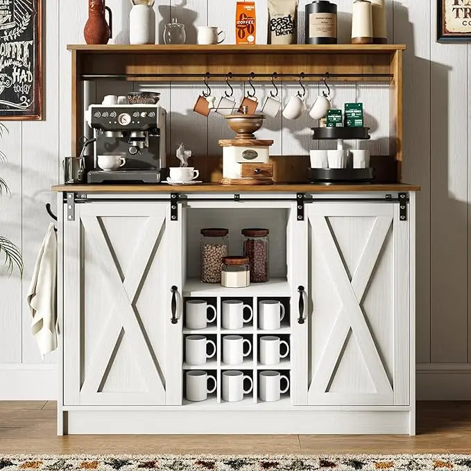 Farmhouse Coffee Bar Cabinet with 6 Hooks, 47 Inch Coffee Bar Hutch with 9 Wine Racks, Coffee Bar Table with Sliding Barn Door