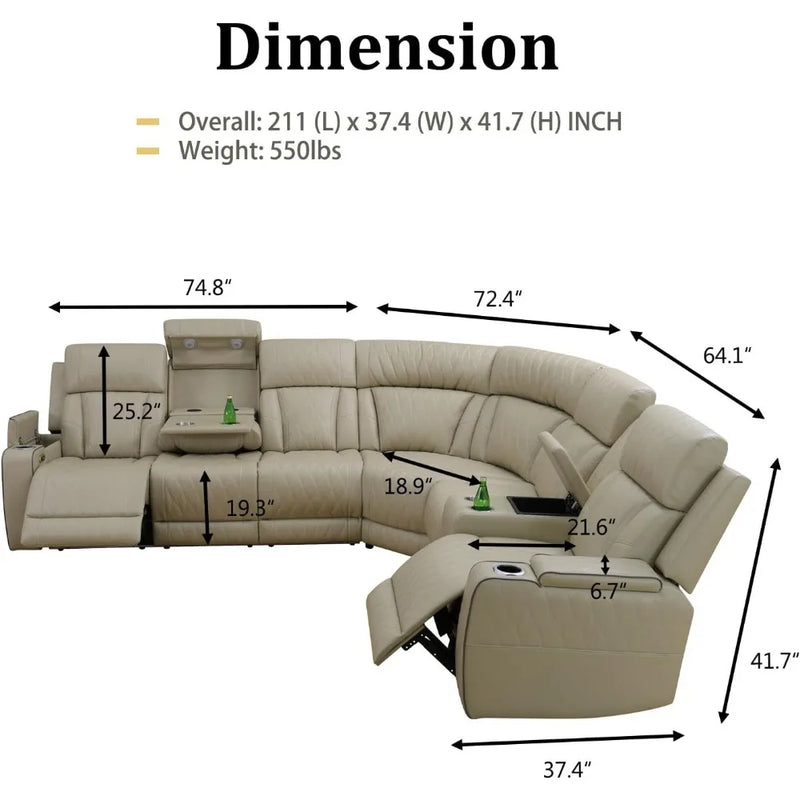 Power Reclining Sectional Sofa, Living Room Furniture Set with USB Chargers and Storage Console, Leather Recliner Sofa
