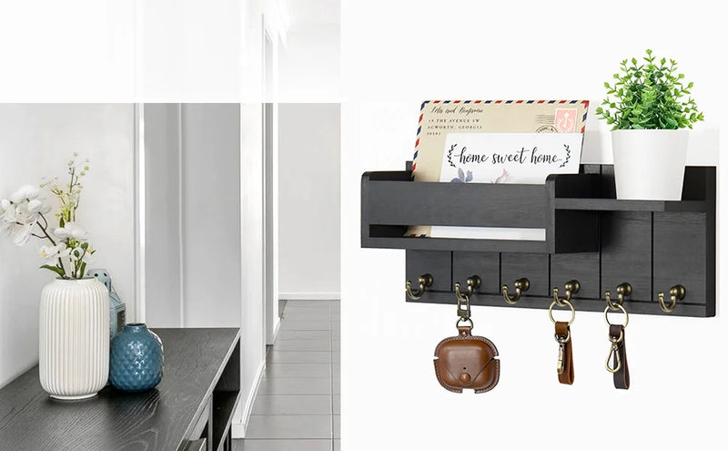 Decorative Key Rack and Mail Organizer with 6 Key Hooks Rustic Wood Key Holder Wall Mounted with Shelf for Living Room Enterway