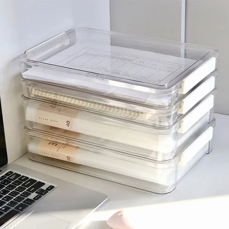 Desktop File Storage Box A4 Document Organizer Case With Lid Stackable Stationery Storage Box Cabinet Desk Clear Container