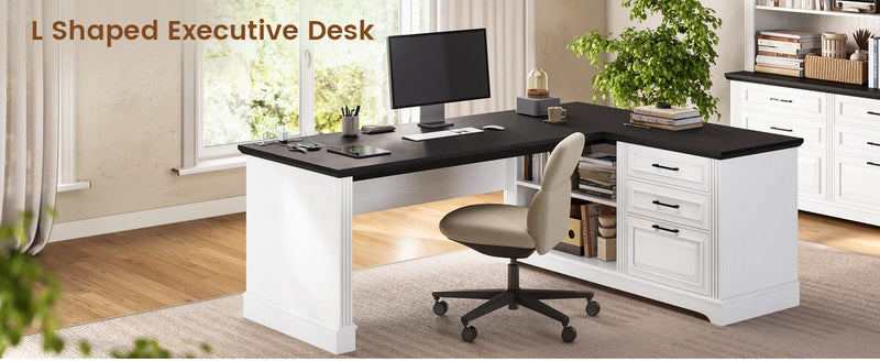 Computer Desk, Farmhouse 61" Executive L Shaped Desk, Home Office Desk with File Drawers, Computer Desk with Power