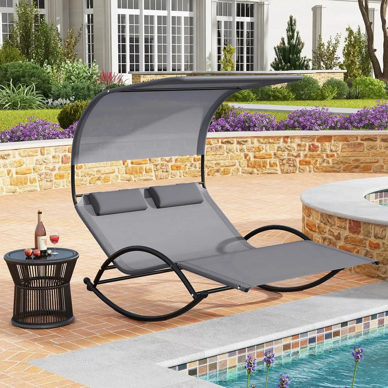 Outdoor Chaise Lounge Rocker, 2-Person Rocking Daybed Sun Lounger with Sun Shade Canopy & Headrest Pillows, Hammock Bed Loveseat