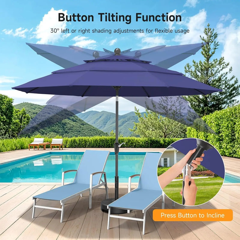 10 Ft Patio Umbrella, 3 Tier Outdoor Table Umbrella With 8 Sturdy Glass Fiber Ribs And Push Button Tilt, Outdoor Patio