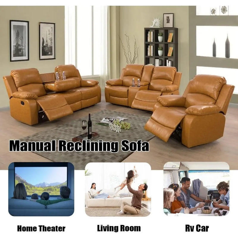 Ginger Leather Reclining Sofa Set for Living Room Set,Recliner Sofa with Drop Down Table/Double Recliner sofas