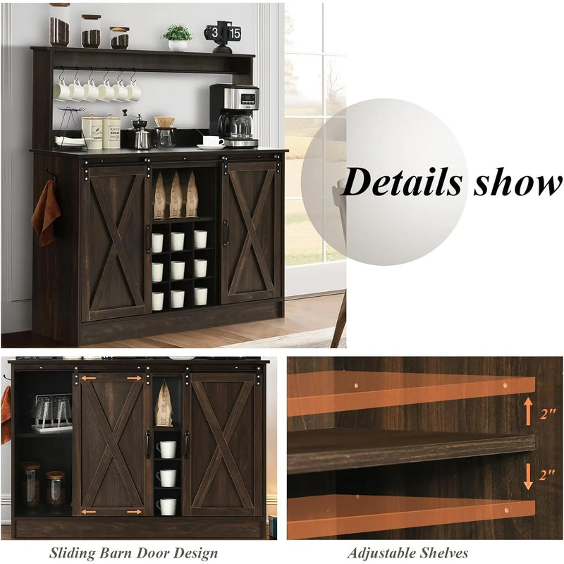 Farmhouse Coffee Bar Cabinet with 6 Hooks, 47 Inch Coffee Bar Hutch with 9 Wine Racks, Coffee Bar Table with Sliding Barn Door