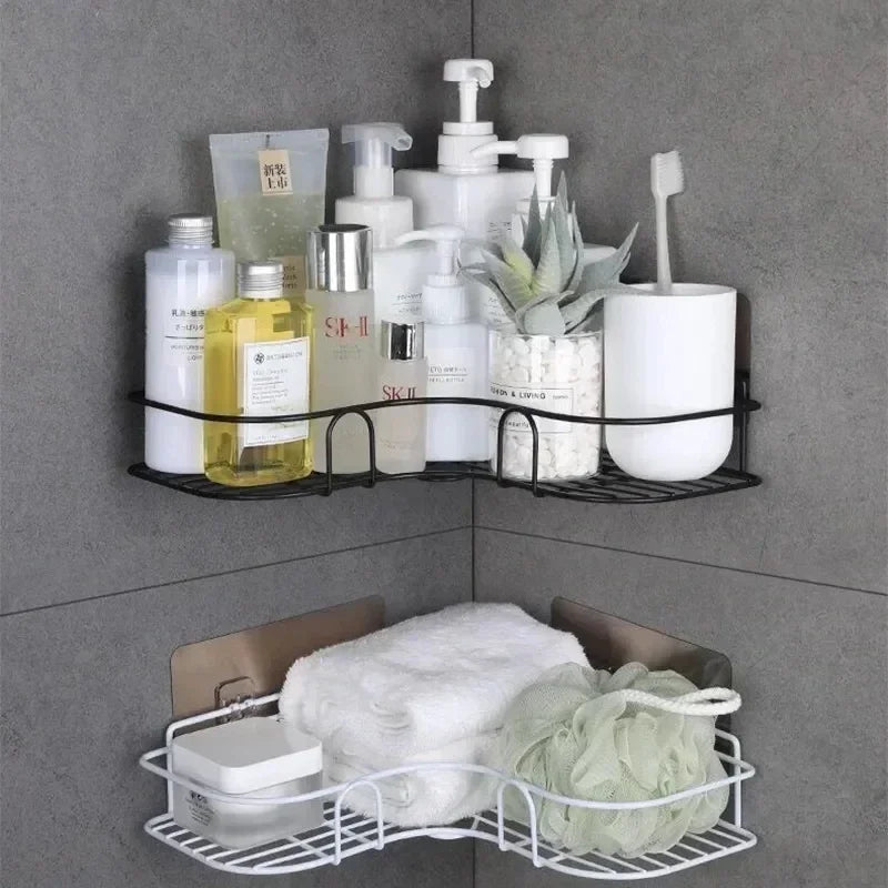 Bathroom Corner Triangle Shelf Wall Mounted Storage Shelves Shampoo Holder Cosmetic Rack Iron Shower Drain Basket Organizer