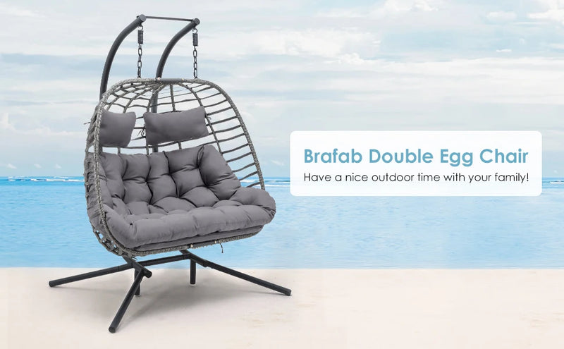 Double Egg Chair Swing with Stand, Oversized Hand-Woven Wicker Rattan 2-Person Egg Chairs for Outdoor Indoor, Hanging Egg Chair